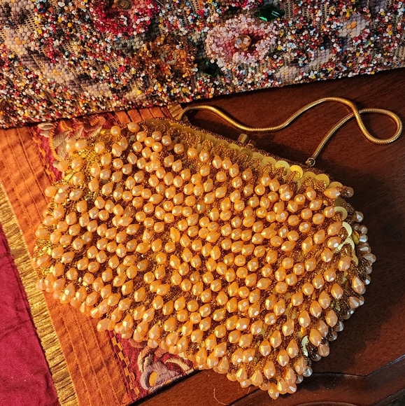 VINTAGE 1960s DEBBIE Gold Beige Faux Pearl Beaded Evening Bag Made in Hong Kong - Picture 15 of 16